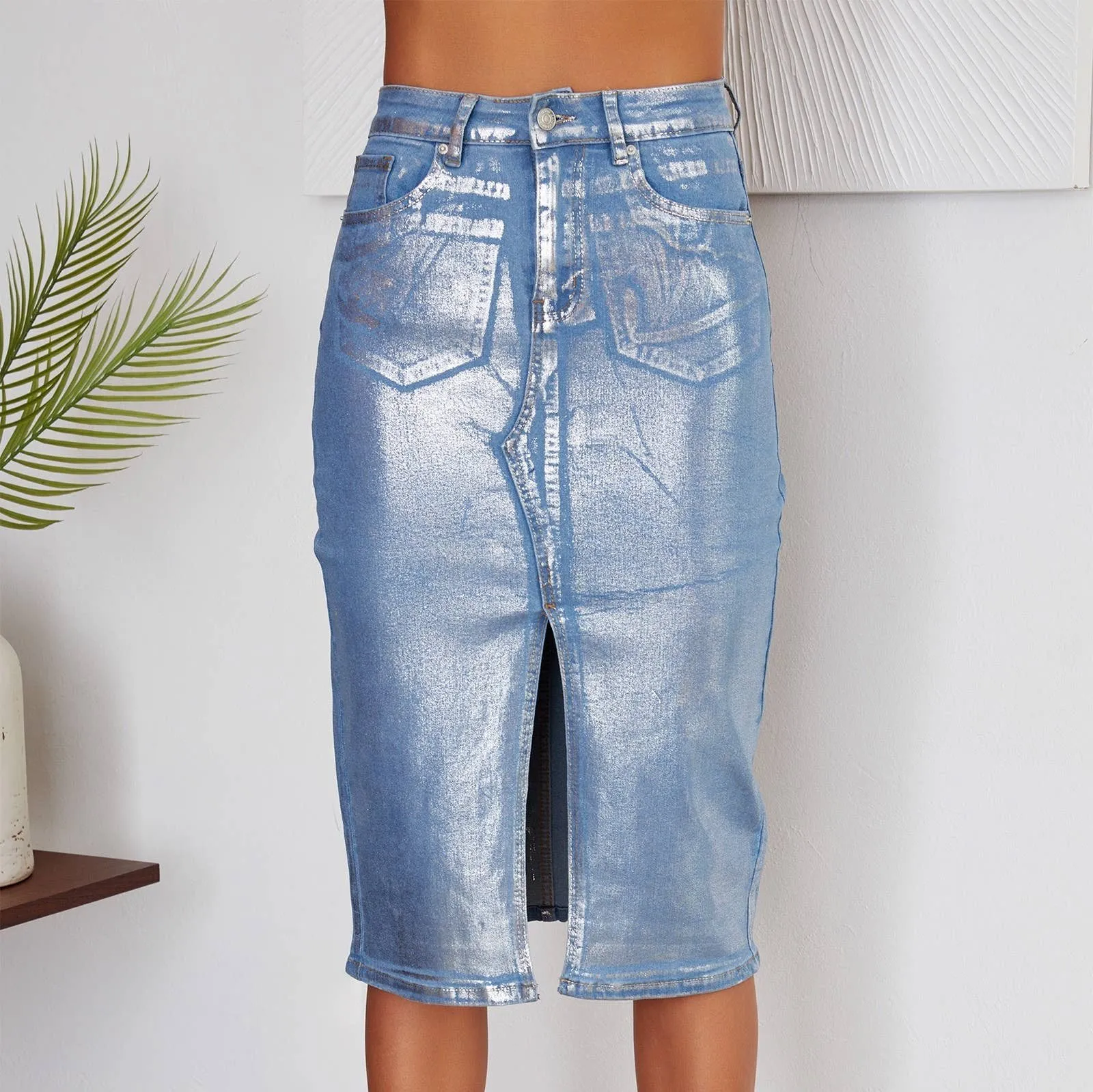 Metallica Front Slit Metallic Midi Denim Skirt