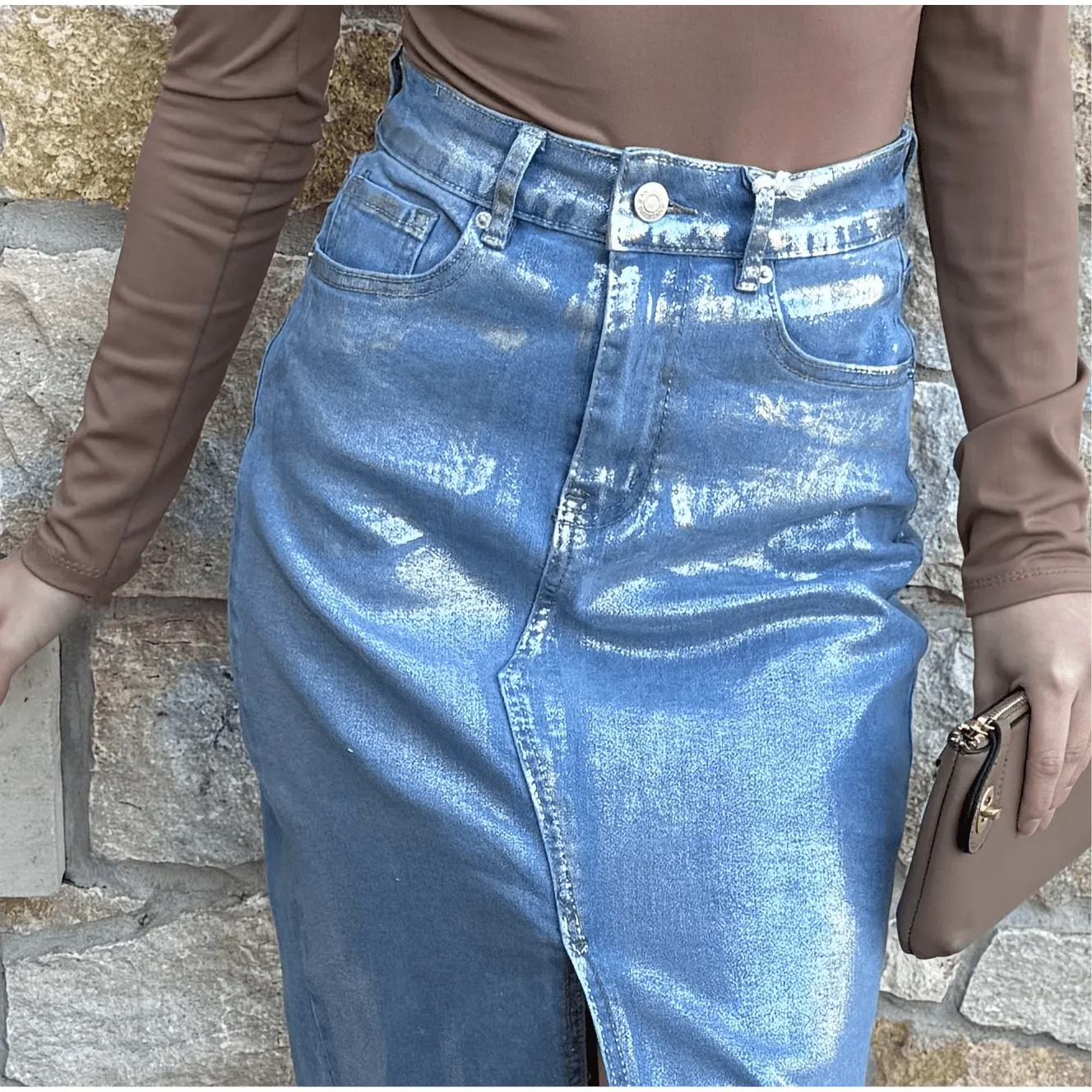 Metallica Front Slit Metallic Midi Denim Skirt