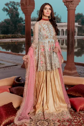 Pakistani net embellished party dress in blue and gold color # P2451