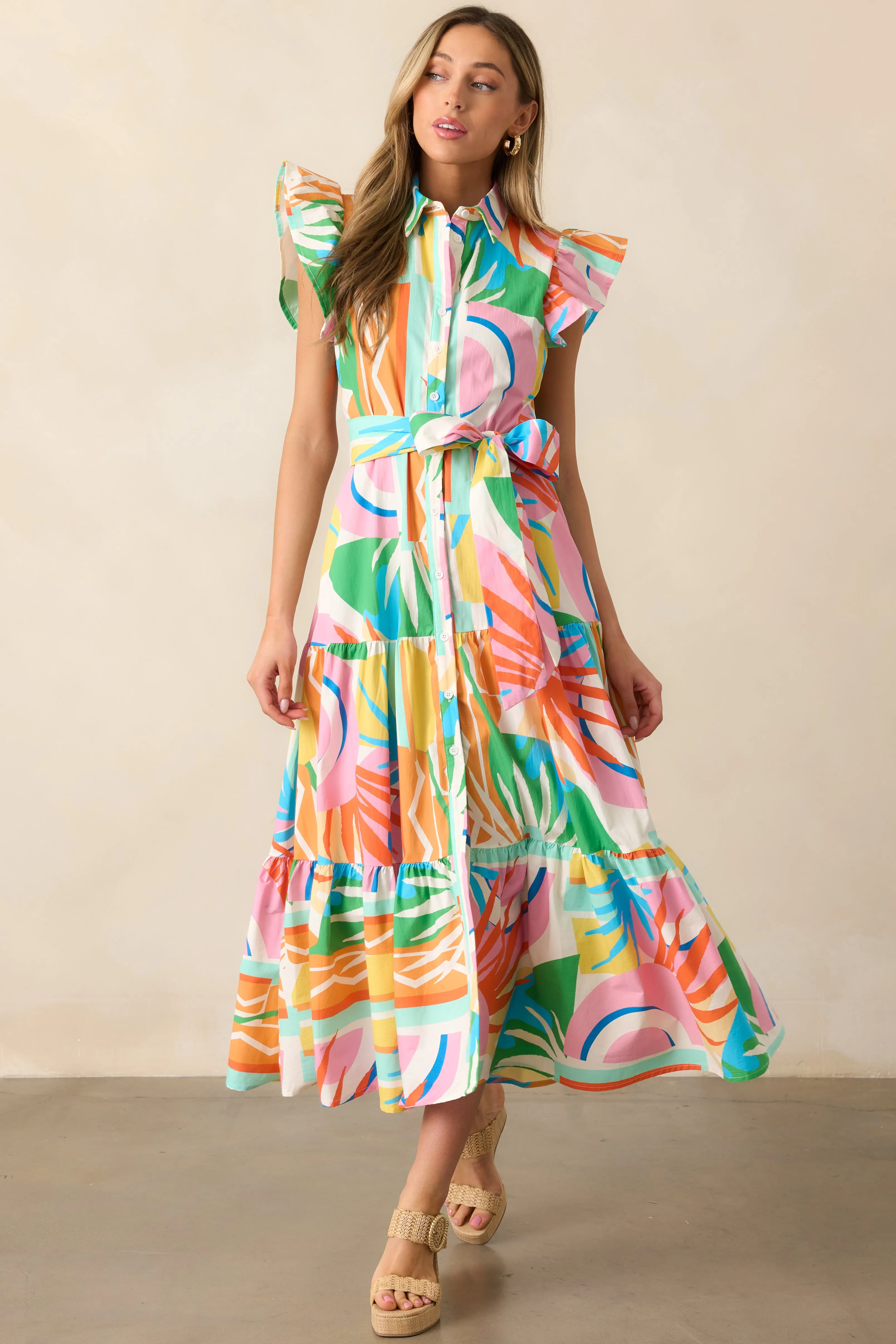Paradise Ahead Pink Multi Print Button Front Maxi Dress