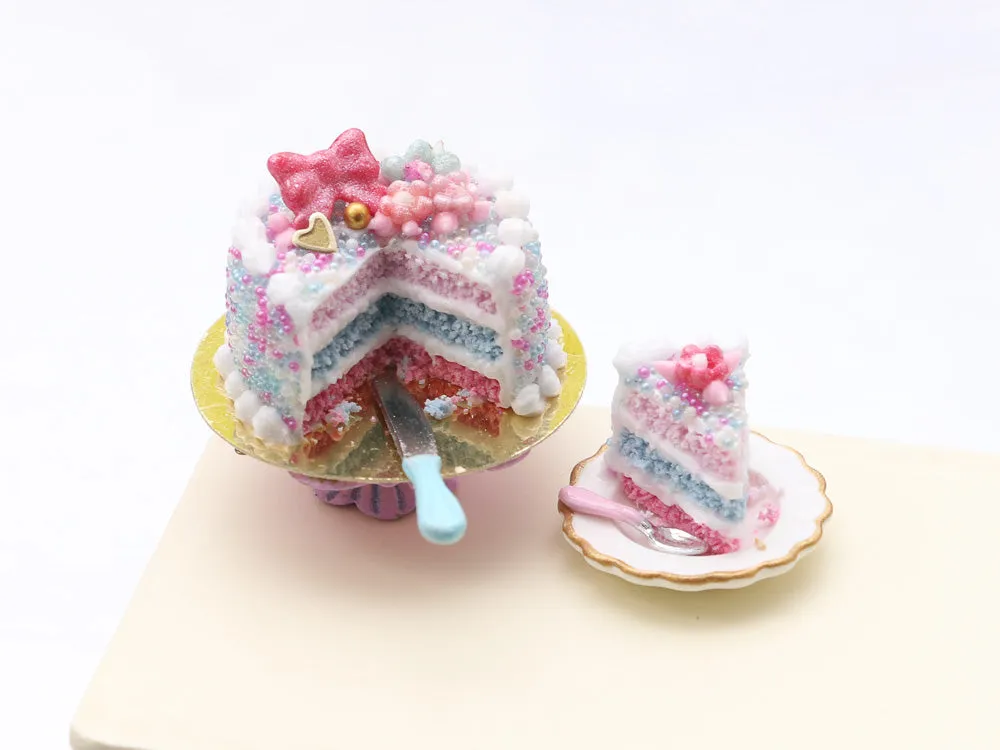 Pink and Blue Layer Cake w/ Serving and Knife - Handmade Miniature Food