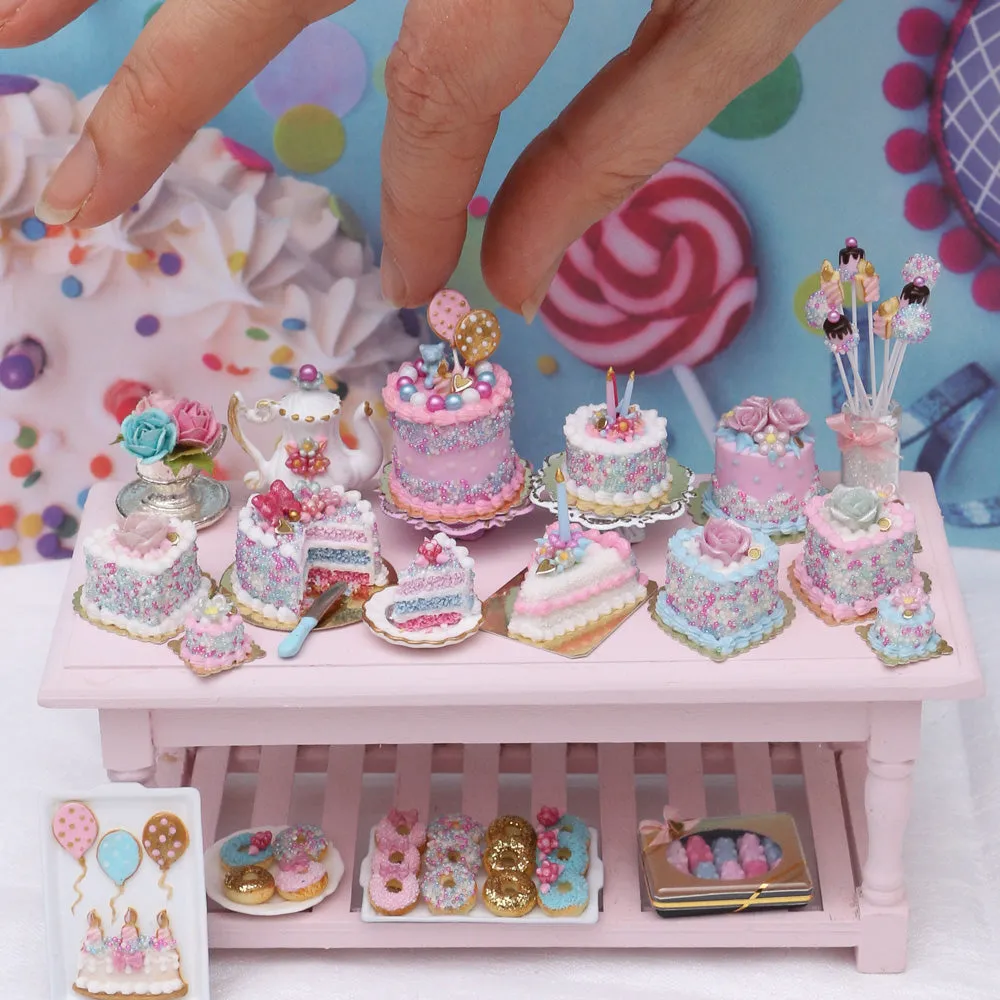 Pink and Blue Layer Cake w/ Serving and Knife - Handmade Miniature Food