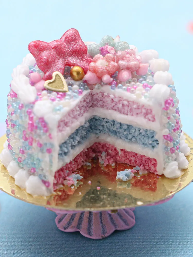 Pink and Blue Layer Cake w/ Serving and Knife - Handmade Miniature Food