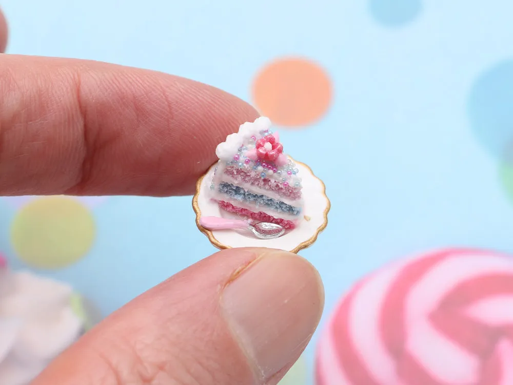 Pink and Blue Layer Cake w/ Serving and Knife - Handmade Miniature Food