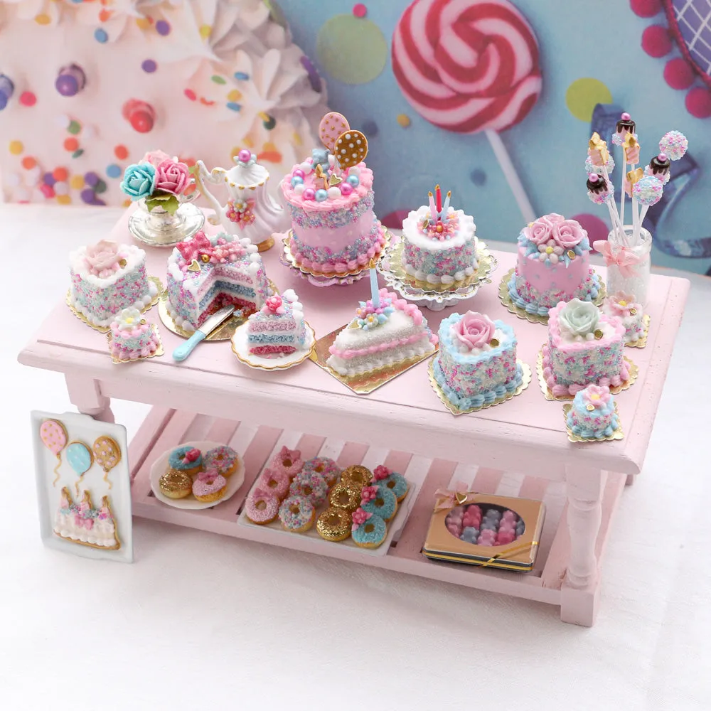Pink and Blue Layer Cake w/ Serving and Knife - Handmade Miniature Food