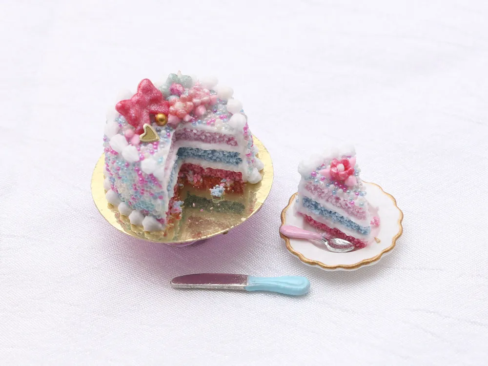 Pink and Blue Layer Cake w/ Serving and Knife - Handmade Miniature Food