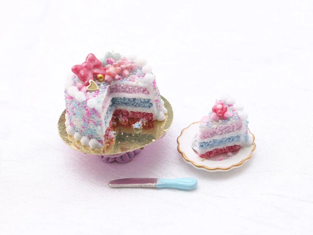 Pink and Blue Layer Cake w/ Serving and Knife - Handmade Miniature Food