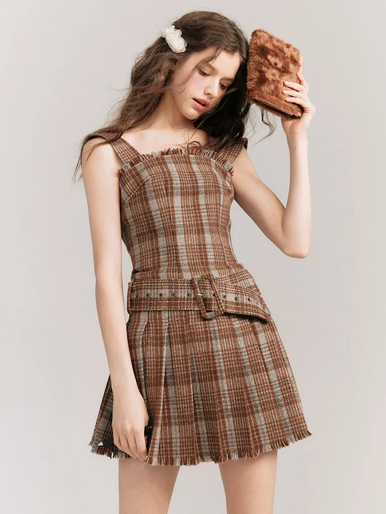 Plaid Belted Strap Skirt