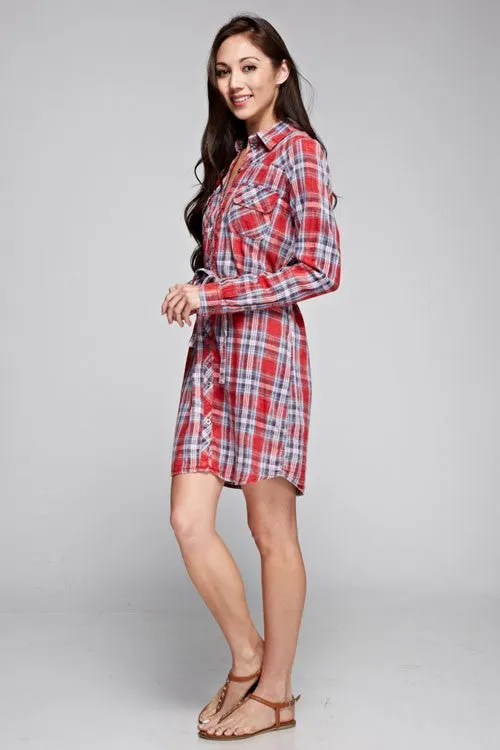 Plaid Double Gauze Burn Wash Button Up Shirt Dress