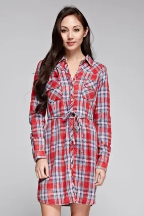 Plaid Double Gauze Burn Wash Button Up Shirt Dress