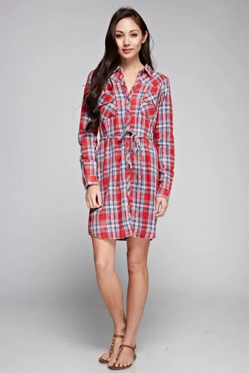 Plaid Double Gauze Burn Wash Button Up Shirt Dress