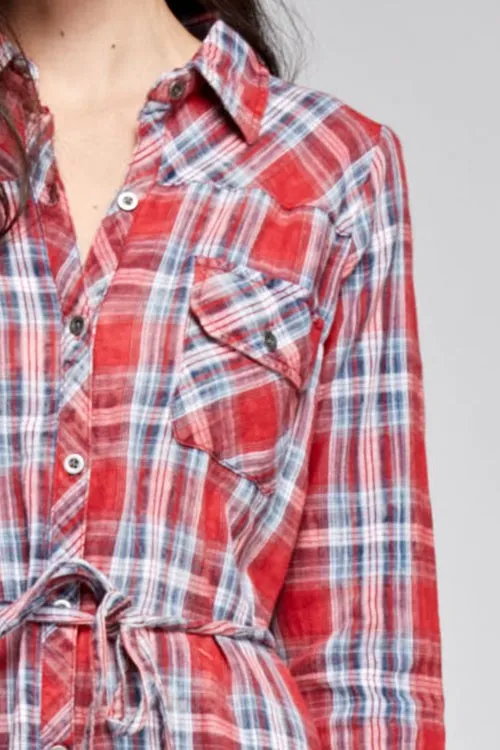Plaid Double Gauze Burn Wash Button Up Shirt Dress