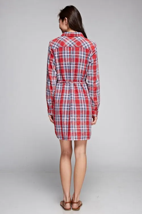 Plaid Double Gauze Burn Wash Button Up Shirt Dress