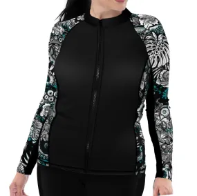 Plus Size Eco-friendly Full Zip Up Electric Blue Octofloral Rash Guard