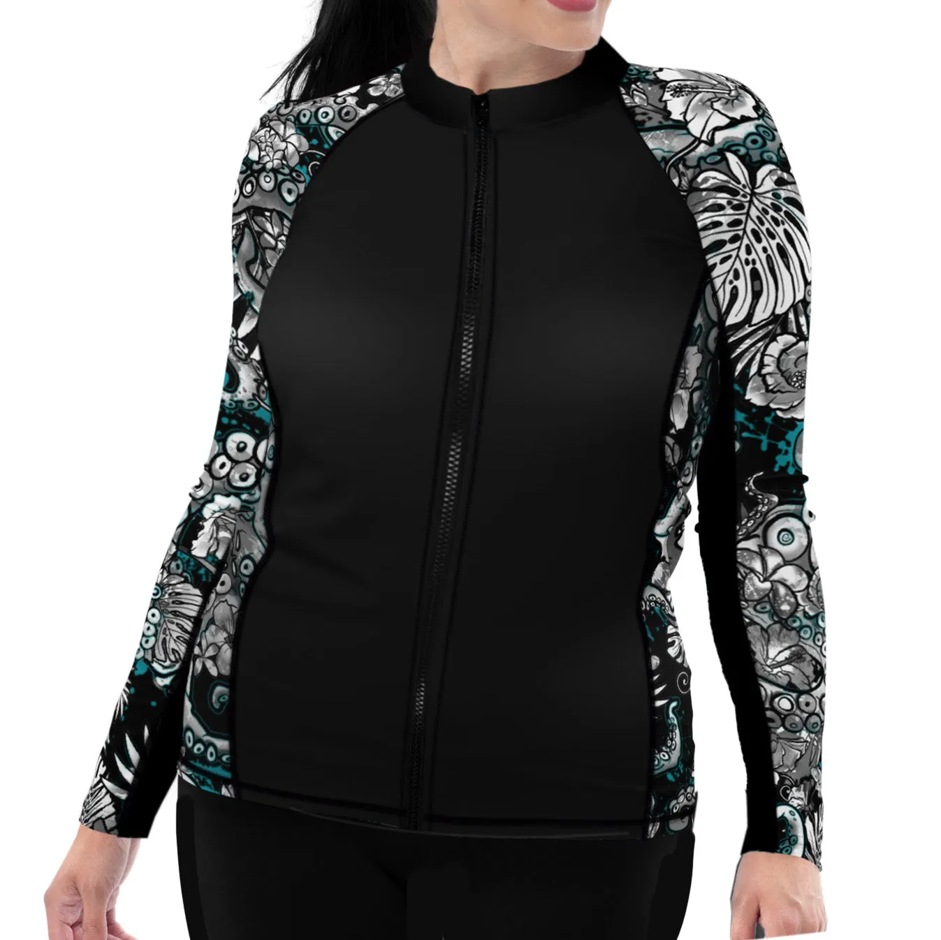 Plus Size Eco-friendly Full Zip Up Electric Blue Octofloral Rash Guard