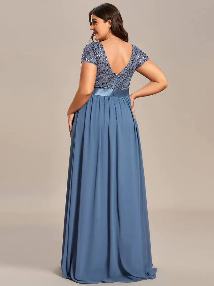 Plus Size V-Neck Cap Sleeve Sequins Chiffon Maxi Evening Dress
