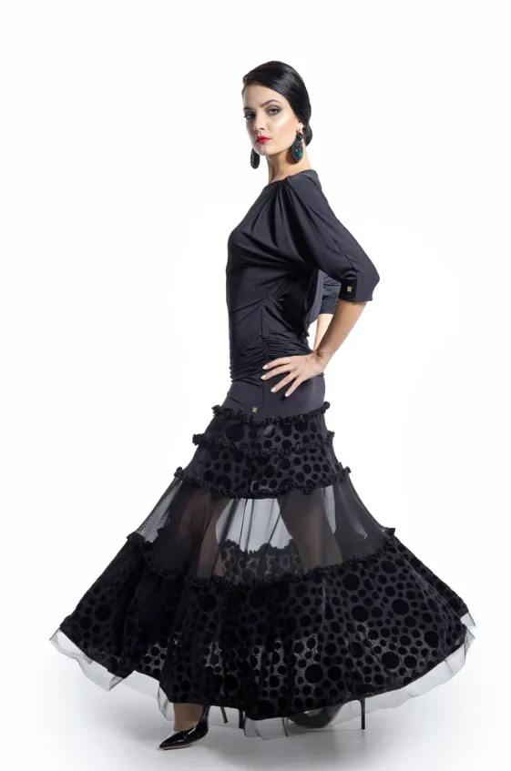 Polka Dot and Mesh Layers Long Ballroom Practice Skirt Pra 925