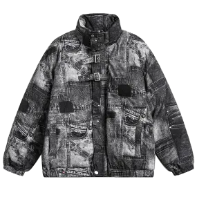'Quilted' Patchwork Jean Print Puffer Jacket