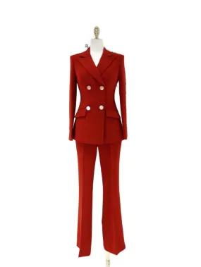 Red Double-Breasted Trouser Suit - Women Flared Pants Suit