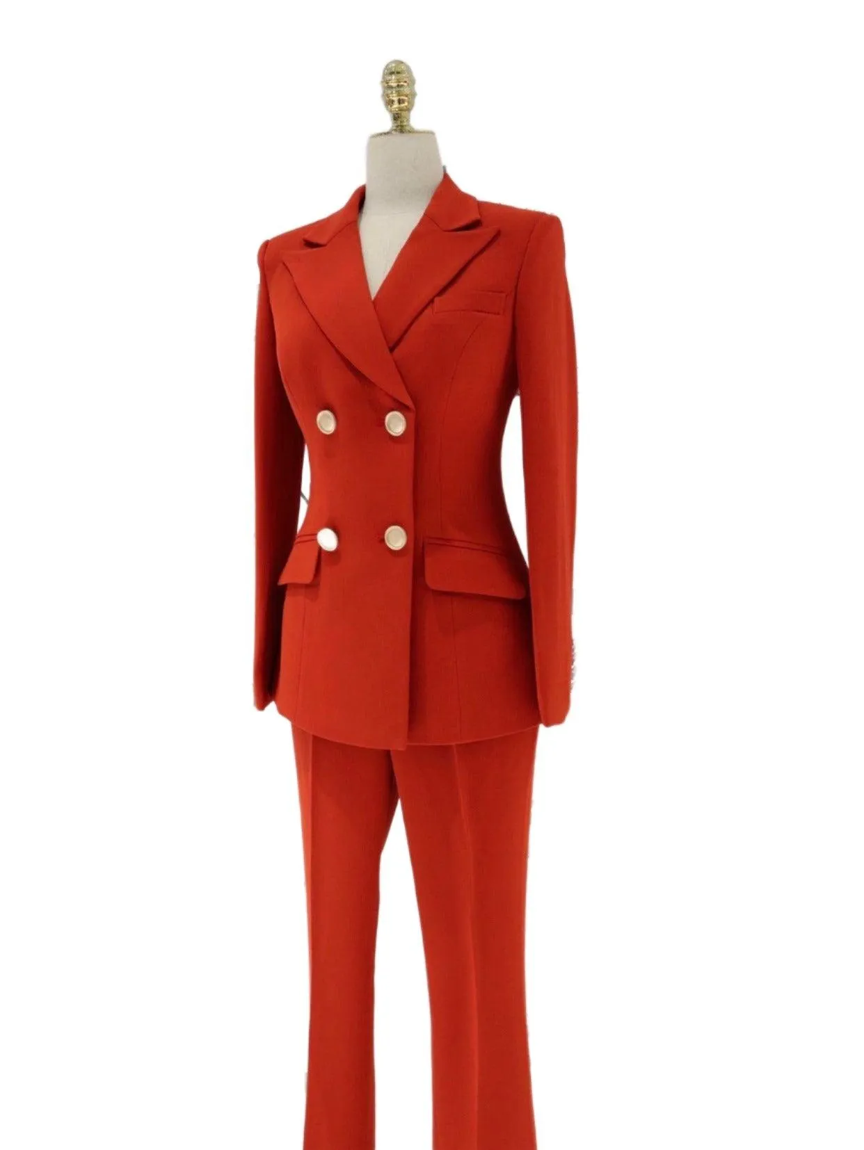 Red Double-Breasted Trouser Suit - Women Flared Pants Suit