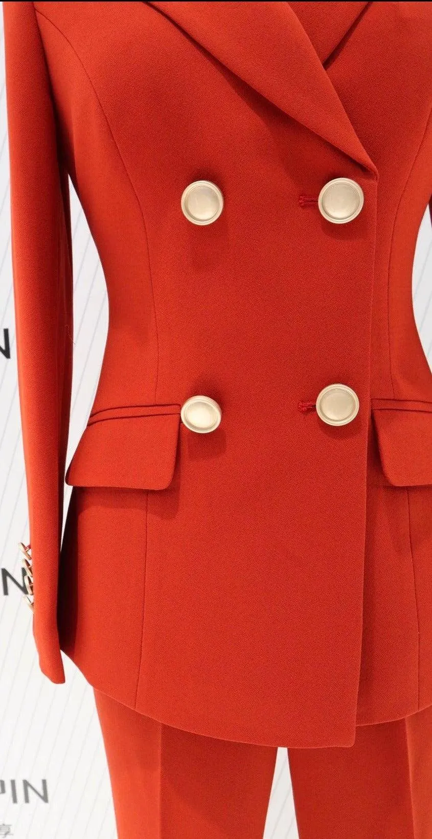 Red Double-Breasted Trouser Suit - Women Flared Pants Suit