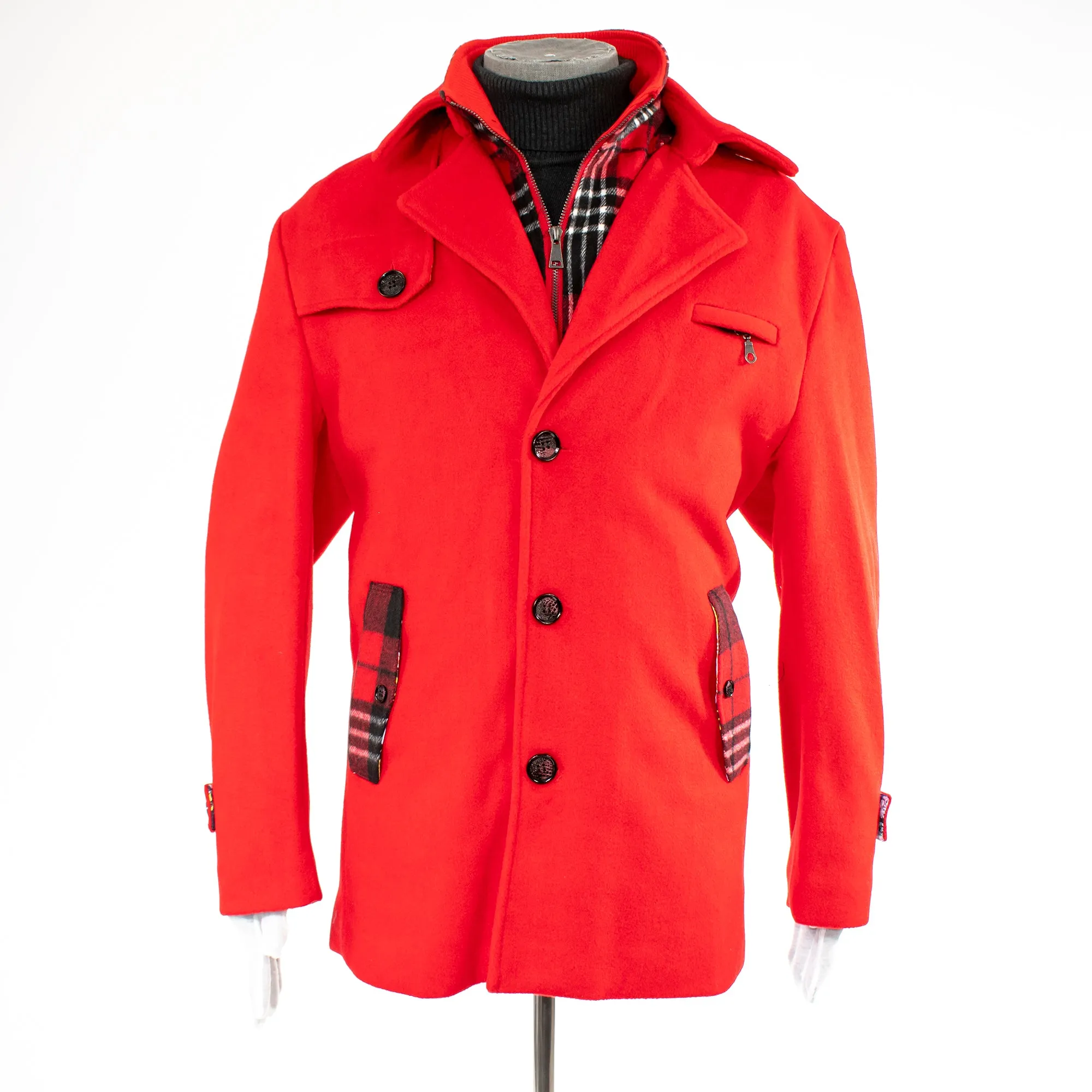 Red Fleece Overcoat with Plaid Lining