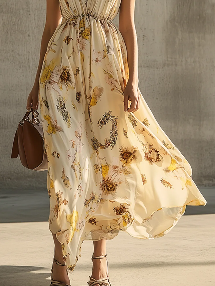 Retro Waist Halterneck Floral Holiday Dress
