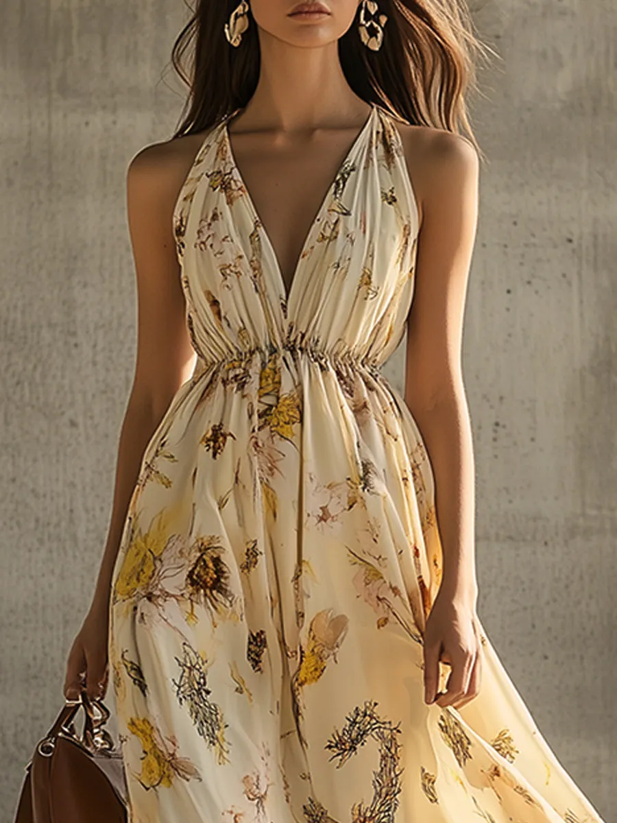 Retro Waist Halterneck Floral Holiday Dress
