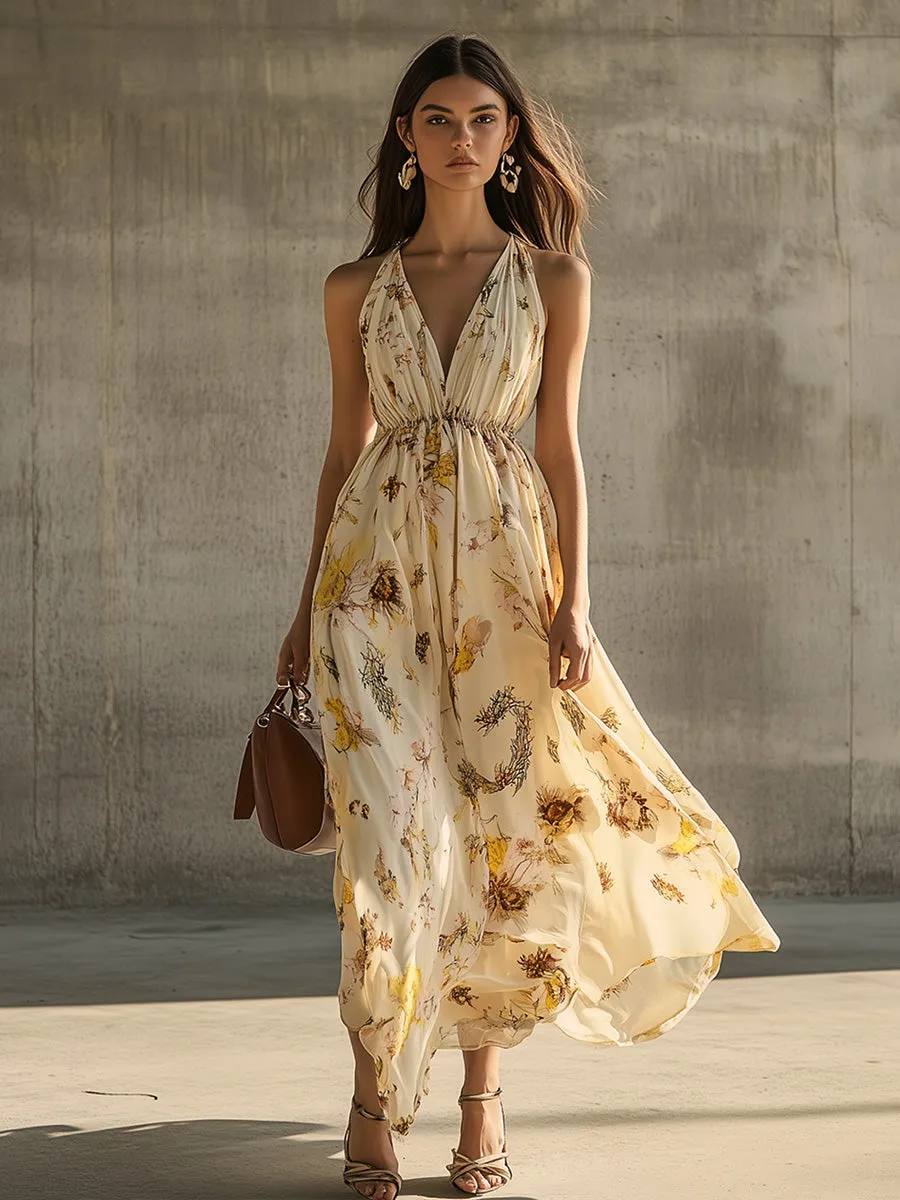 Retro Waist Halterneck Floral Holiday Dress