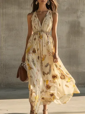 Retro Waist Halterneck Floral Holiday Dress