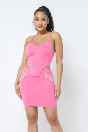 Rhinestone Cropped Top & Matching Rhinestone Mini Skirt