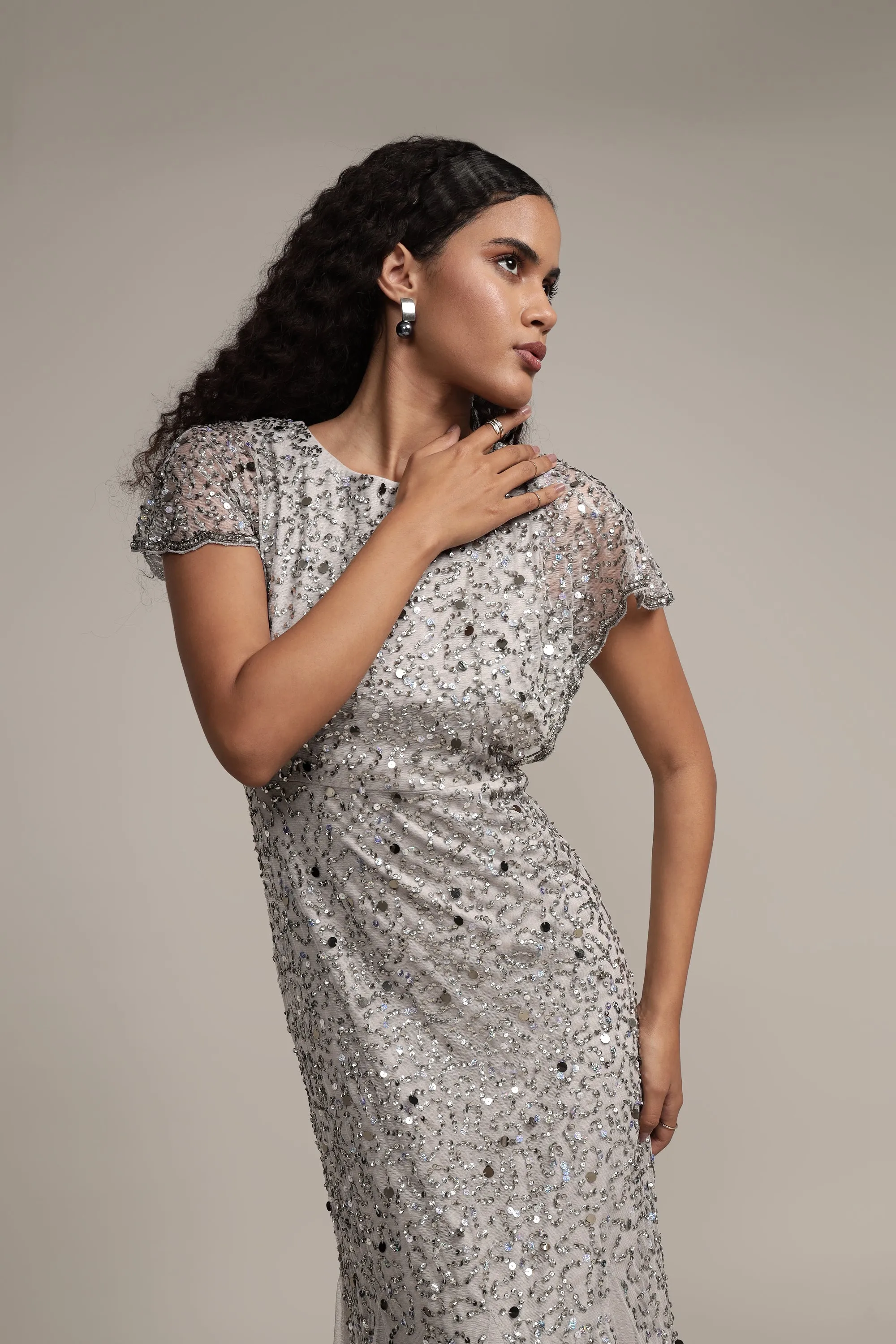 Sally Maxi Embellished Dress in Grey