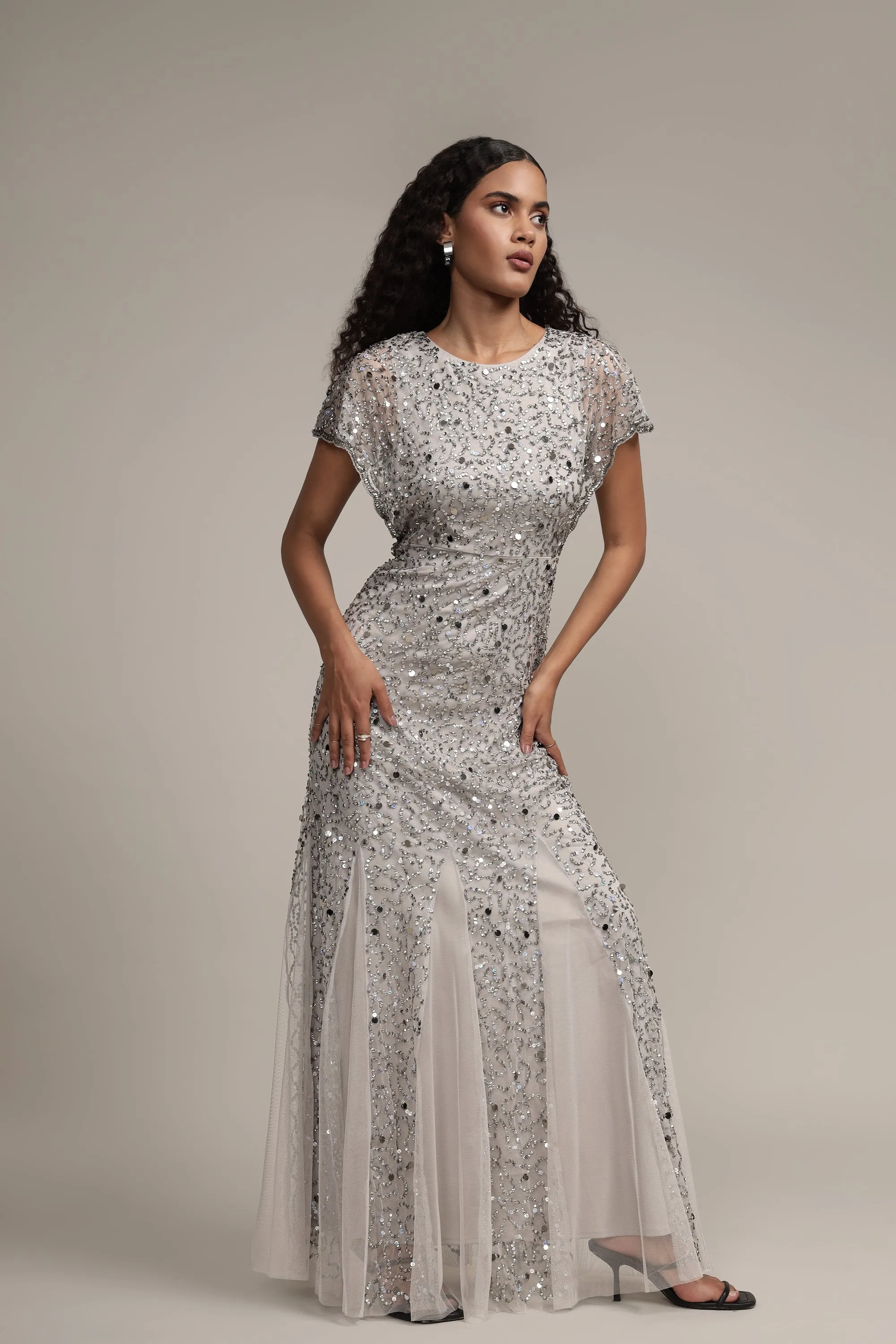 Sally Maxi Embellished Dress in Grey