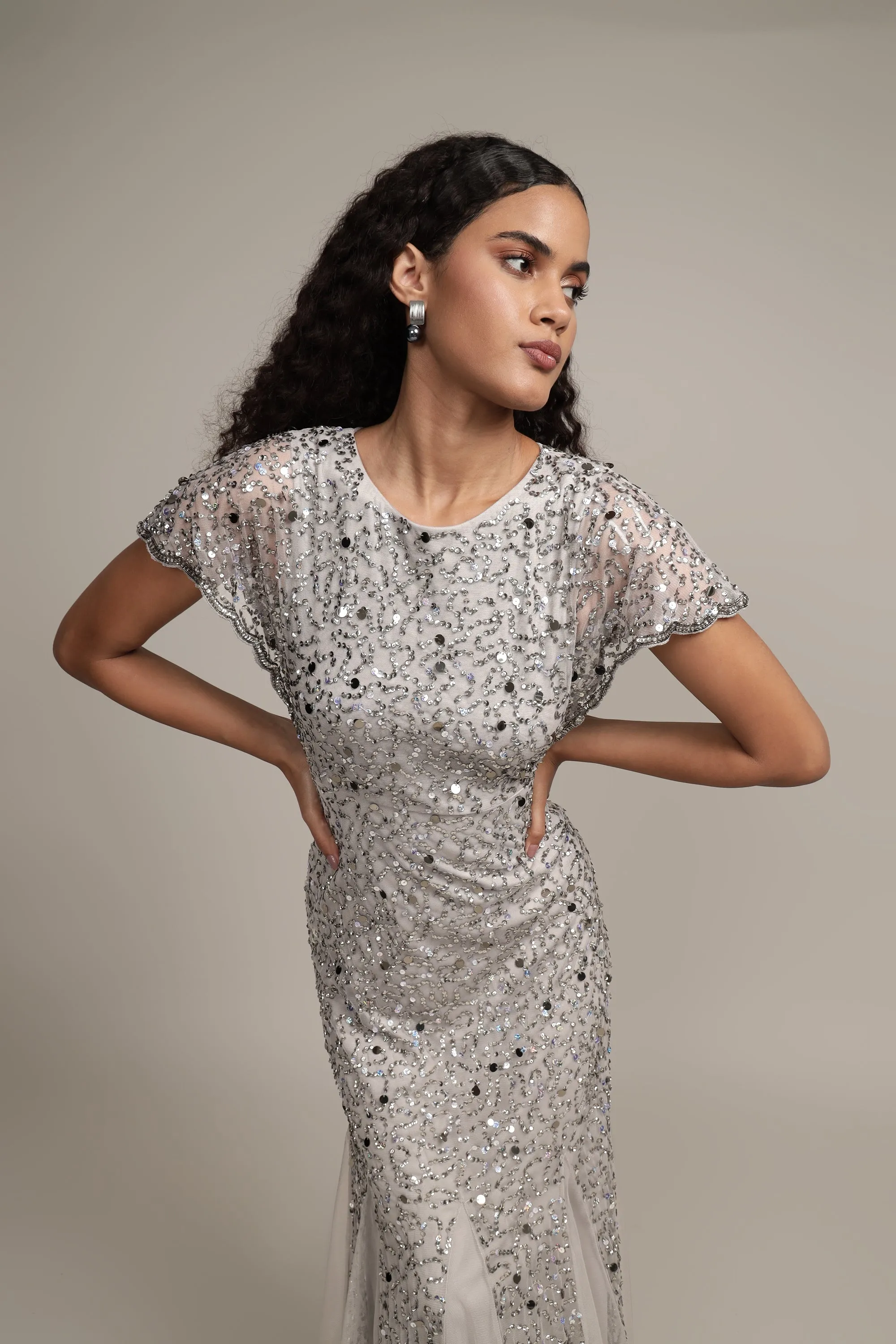 Sally Maxi Embellished Dress in Grey