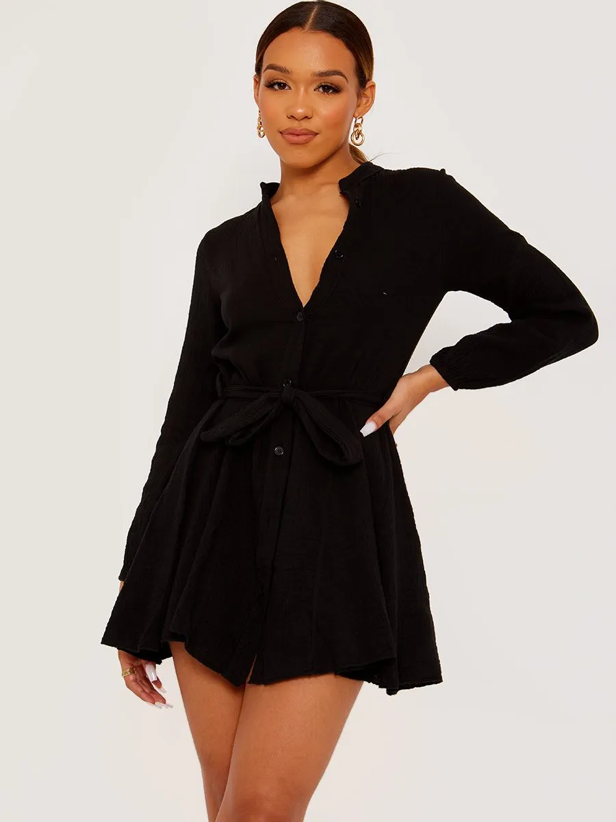 Samantha Self Tie Knot Belted Shirt Dress In Black