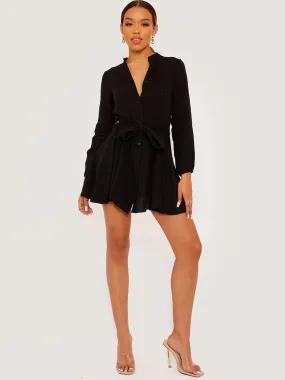 Samantha Self Tie Knot Belted Shirt Dress In Black