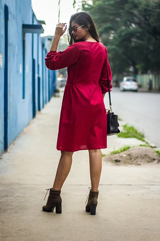 Scarlett Deep Red V-Neck Front Open Dress