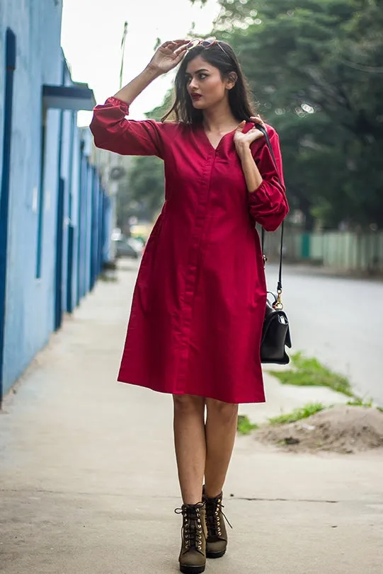 Scarlett Deep Red V-Neck Front Open Dress