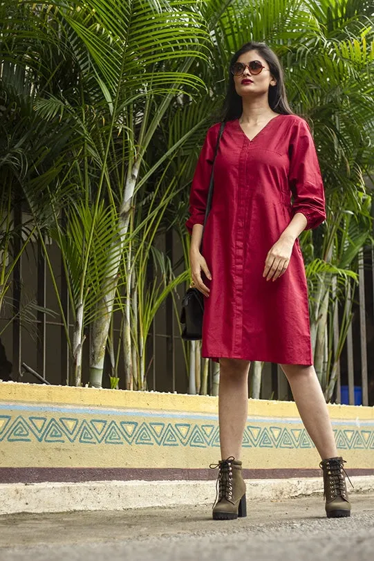 Scarlett Deep Red V-Neck Front Open Dress