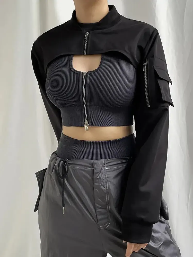Stand Collar Cropped Jacket | Black Techwear Street Style