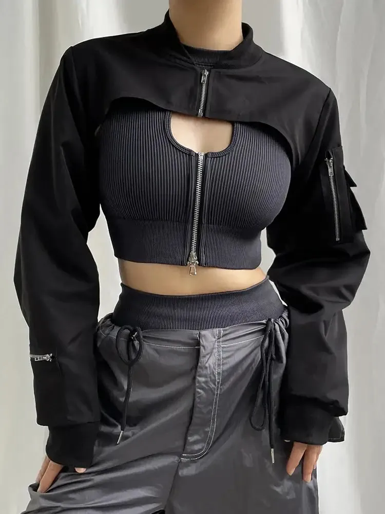 Stand Collar Cropped Jacket | Black Techwear Street Style