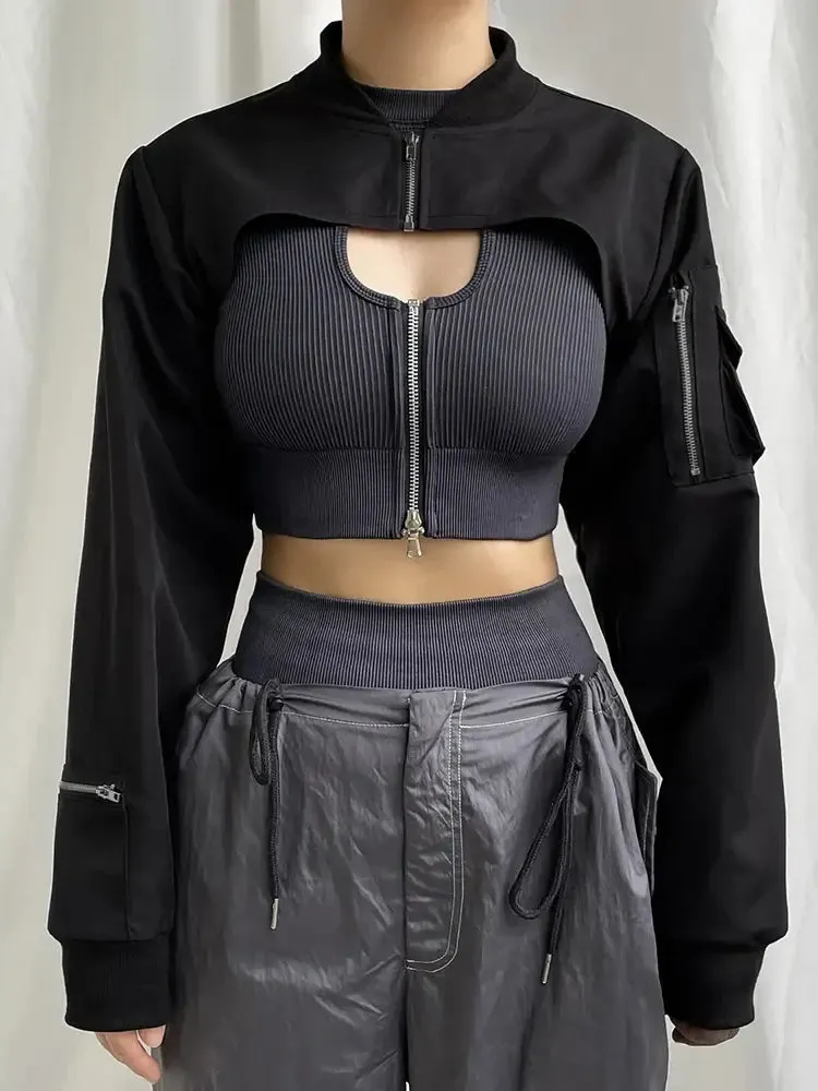 Stand Collar Cropped Jacket | Black Techwear Street Style