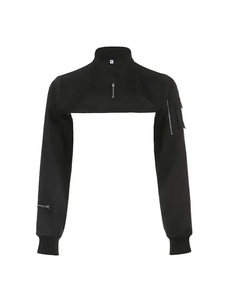 Stand Collar Cropped Jacket | Black Techwear Street Style