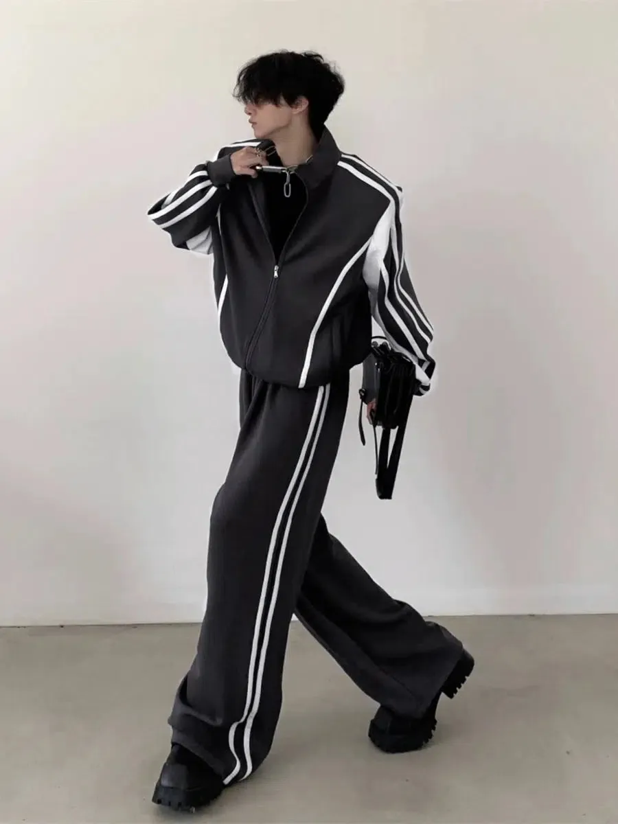 Standing-collar Sporty Jacket & Wide-leg Sporty Pants Setup WN2665