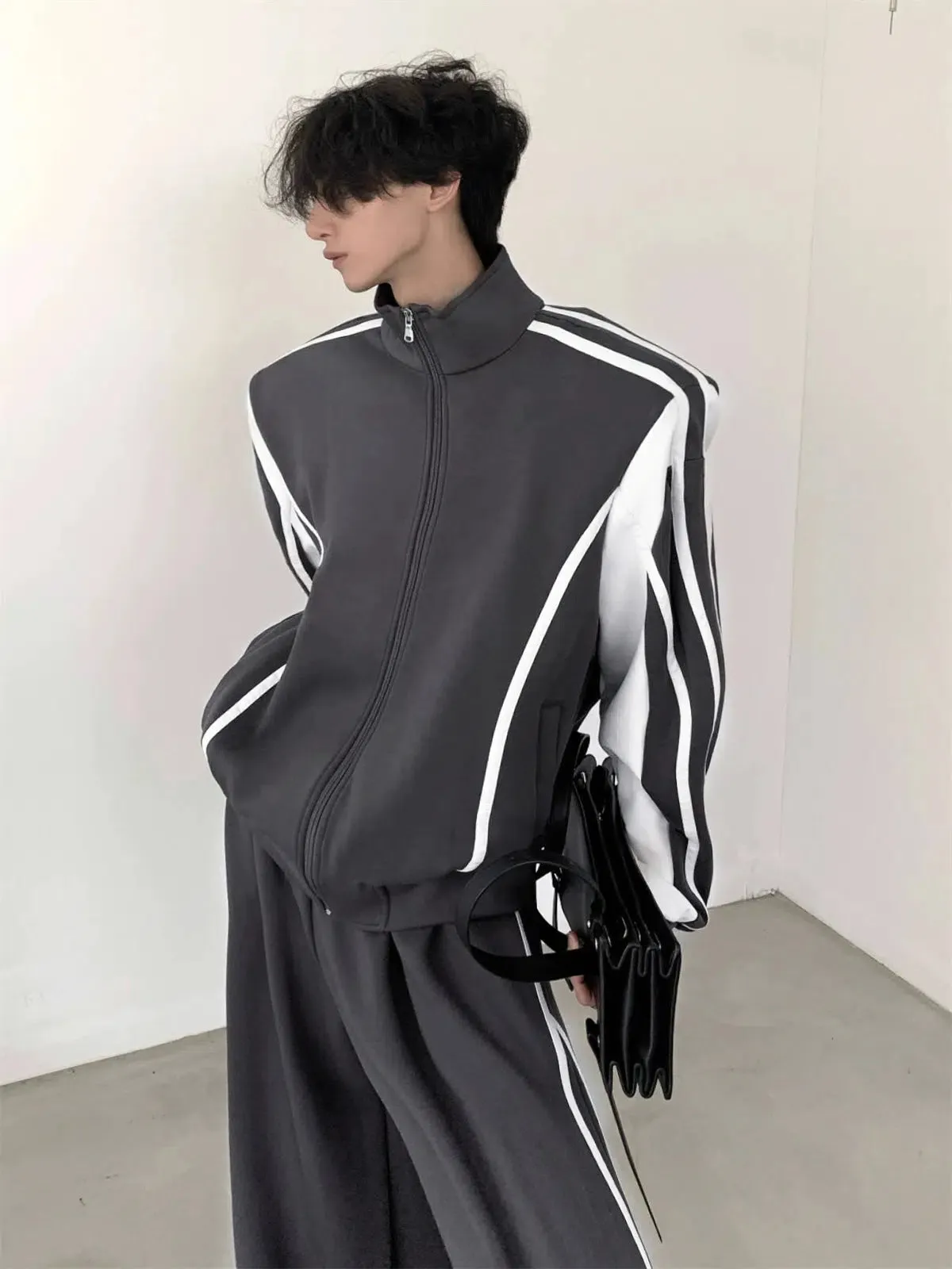 Standing-collar Sporty Jacket & Wide-leg Sporty Pants Setup WN2665