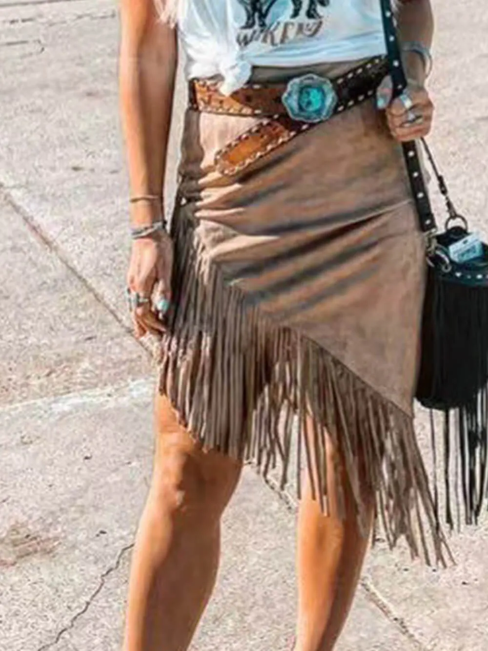 Suede Fringe Sheath Western Skirt