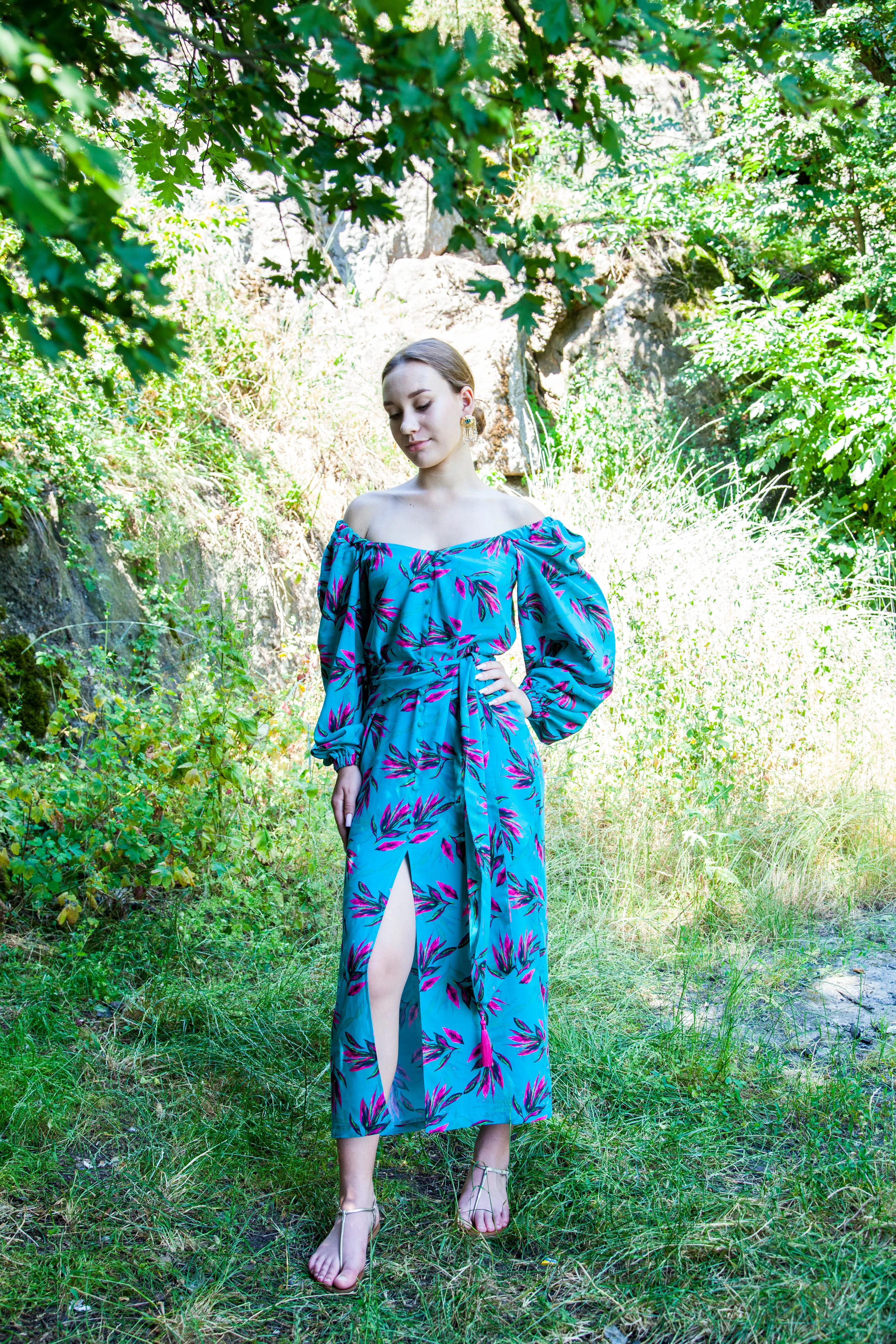 Teal voluminous sleeve maxi dress