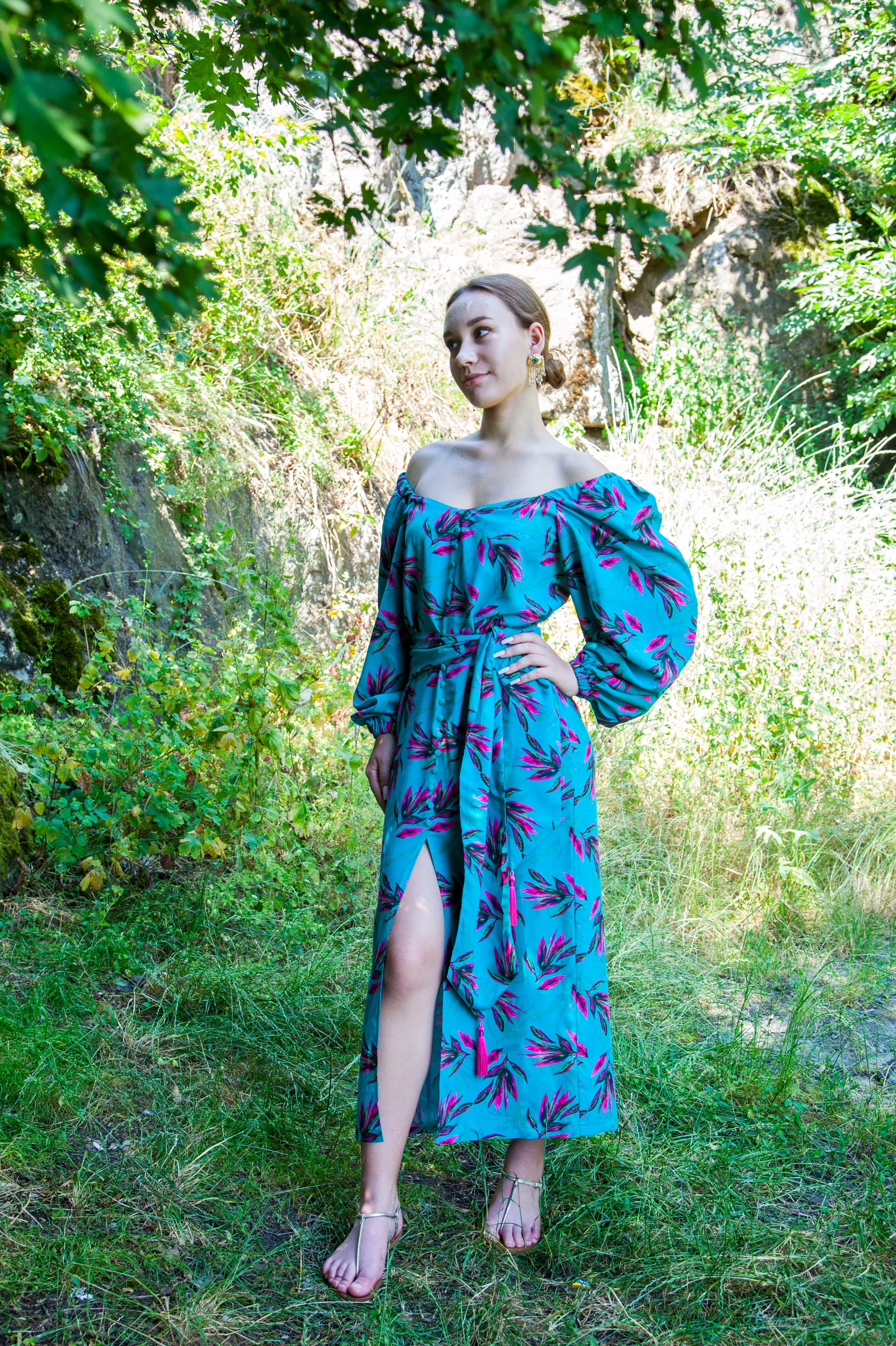 Teal voluminous sleeve maxi dress