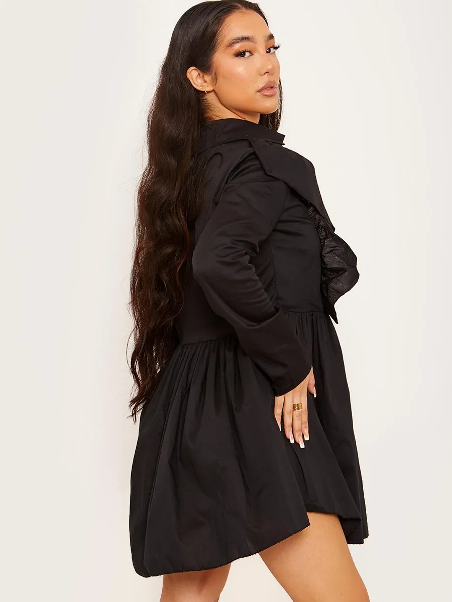 Trinity Ruffle Trim Shirt Dress In Black