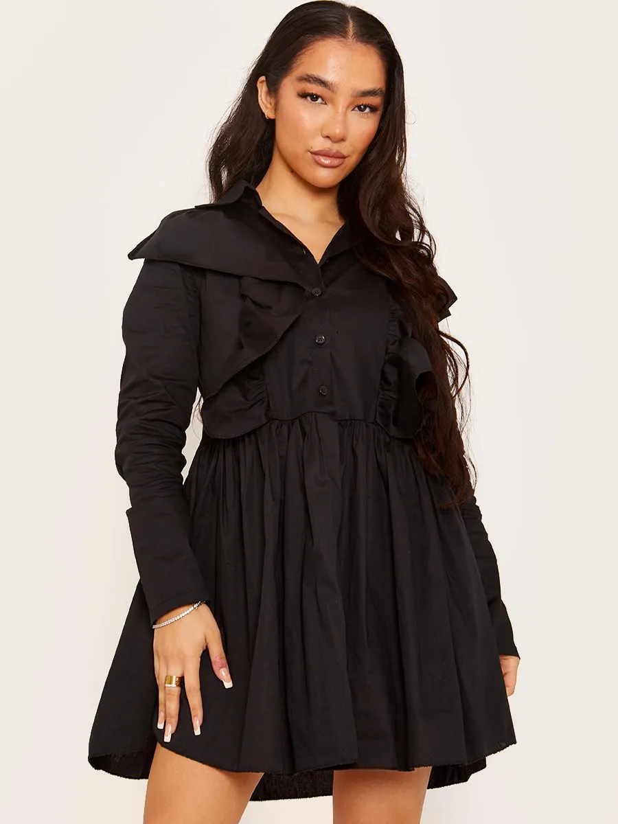 Trinity Ruffle Trim Shirt Dress In Black